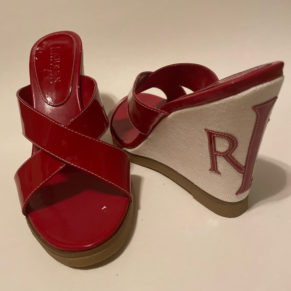 Vintage Ralph Lauren Virginia Monogram Wedge Slip on Opened-toe Red Sz 7 1/2